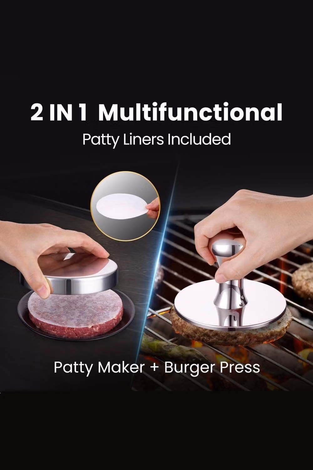 Gourmet Easy 2-in-1 Stainless Steel Burger Press and Patty Maker, Silver – 2