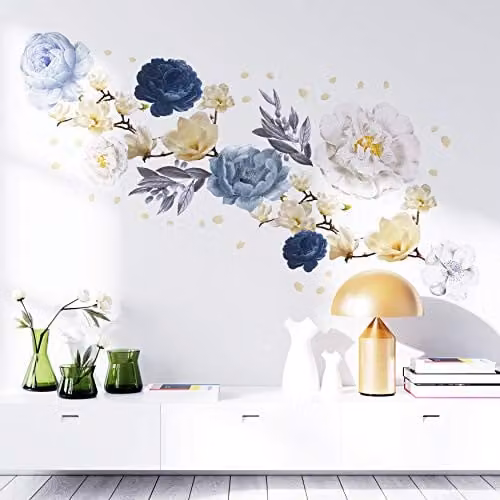 WALPLUS White Magnolia and Blue Watercolour Floral Peel and Stick Self-Adhesive Wall Stickers – 1