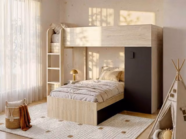 Vente-unique Reversible Corner Bunk Beds in Grey with Integrated Storage Drawers, W/D/H: 190 x 90 x 150 cm