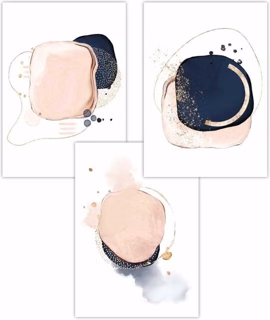ARTZE Set of 3 Abstract Boho Geometric Paper Posters in Blue, Pink and Gold, W: 50 cm, H: 70 cm