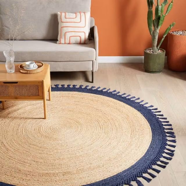 Wyld and Coco Round Jute and Cotton Boho Rug in Beige and Blue, Diameter: 200 cm – 1