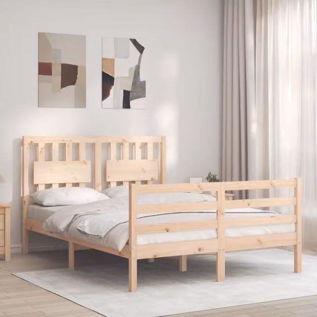 Berkfield Home Small Double Solid Wood Bed Frame with Headboard in Brown