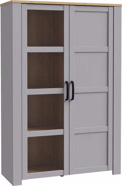 Furniture To Go Bohol Grey Rustic Oak Display Cabinet with Soft Close Glass Doors