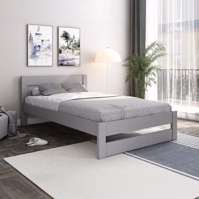 Noomi Tera Modern Small Double Bed in Grey Lacquered Solid Pine Wood W/D/H: 120 x 200 cm