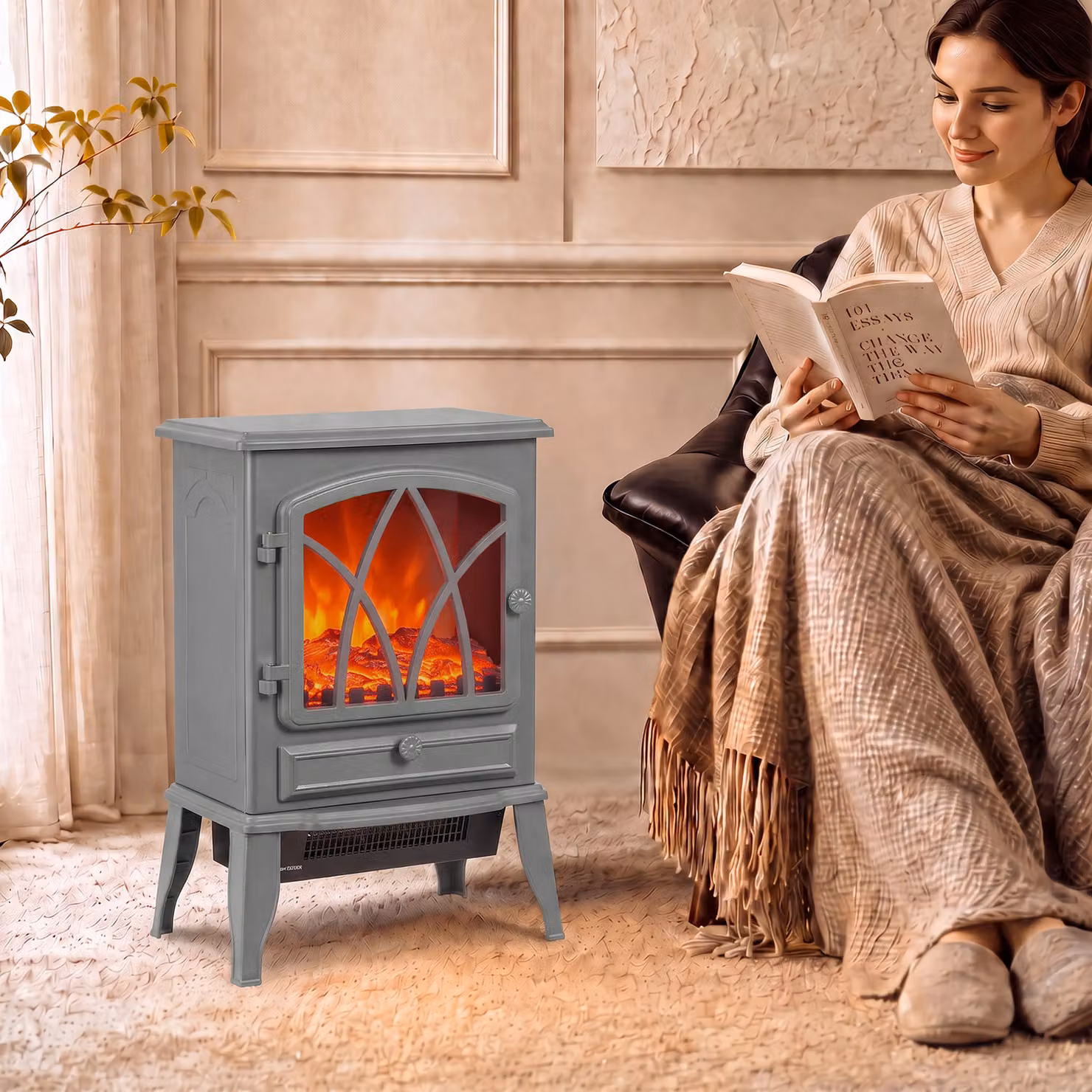 HOMCOM Vintage Electric Fireplace Heater, 1kW-2kW, Grey – 2