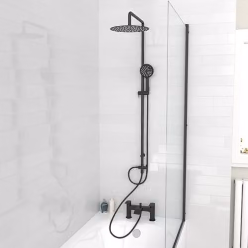 Nes Home Round Shower Bath Mixer Tap, Handset and Riser Rail Kit in Matte Black