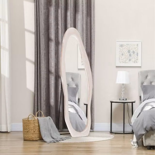 HOMCOM Irregular Wavy Full Length Freestanding Mirror with Pink Velvet Frame