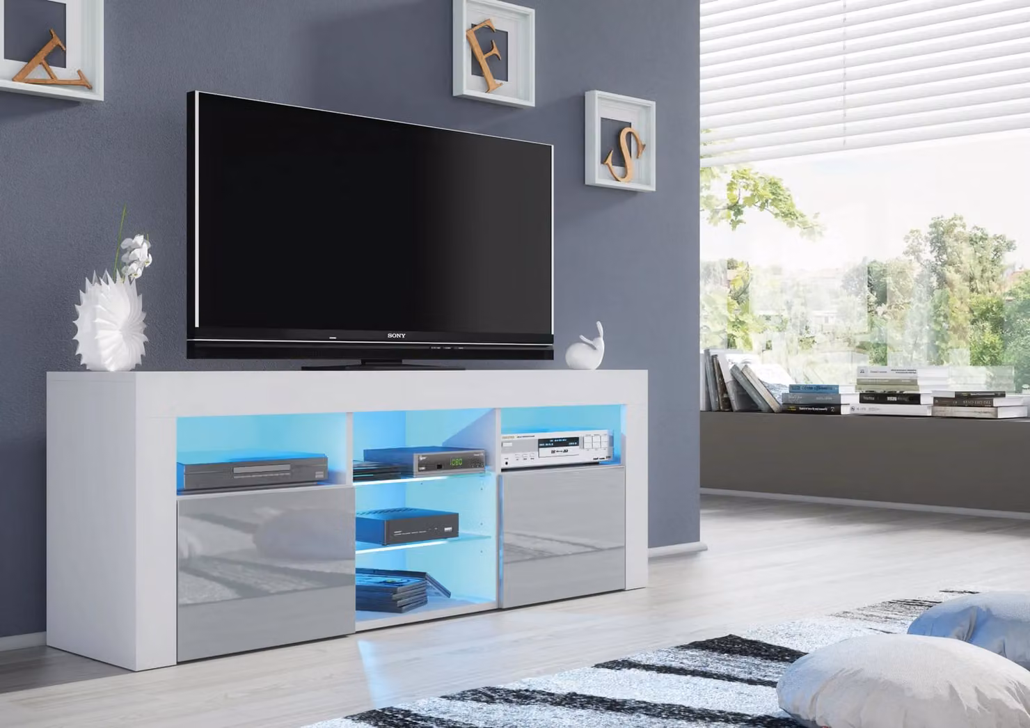 Creative Furniture Pulse TV Unit in Grey and White with Glossy Doors, W: 145 cm, H: 53 cm, D: 35 cm – 4
