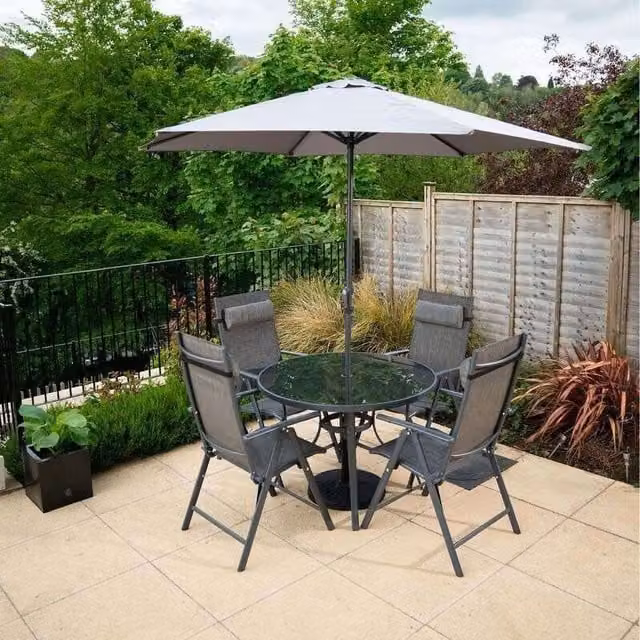 Hectare 4 Seater Grey Polytex Reclining Dining Set with Tempered Glass Table and Parasol