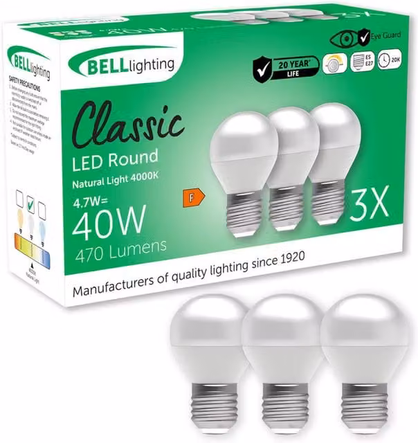 BELL Lighting E27 Dimmable LED Golf Ball Light Bulbs, 4.7 W, Cool White 4000K, Pack of 3