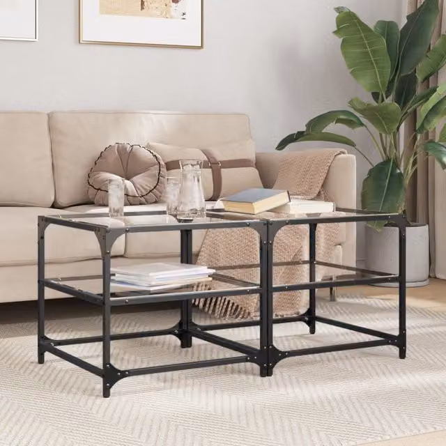 Berkfield Home Set of 2 Square Coffee Tables with Transparent Glass Tops and Brown Steel Frames, W/D/H: 50 x 50 x 45 cm