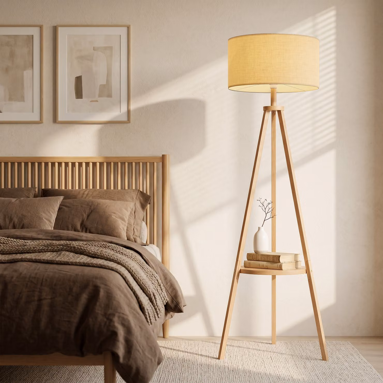 HOMCOM Tripod Floor Lamp with Storage Shelf and Beige Linen Shade, Natural Wood Colour, Height: 160 cm – 5