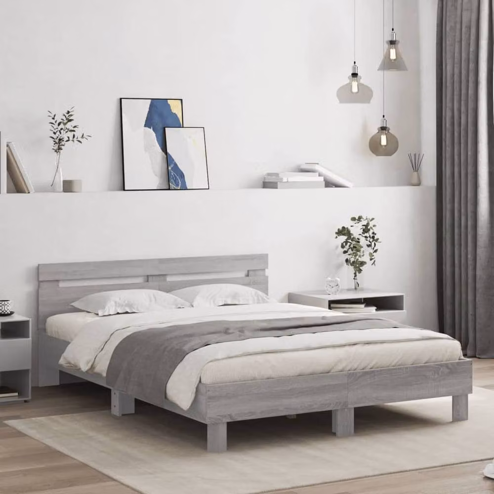 Berkfield Home Grey Sonoma Bed Frame with LED Lighting and USB Charging Port, W: 140 cm, L: 200 cm – 2