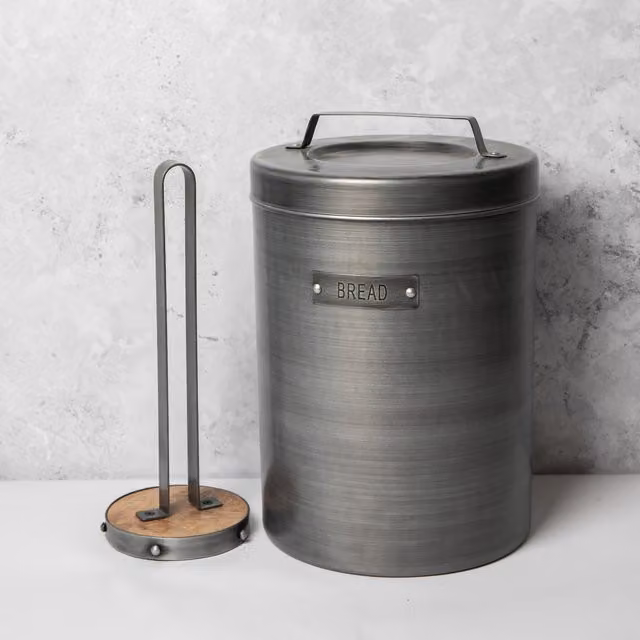 KitchenCraft Metal Bread Bin and Kitchen Towel Holder Set, Grey