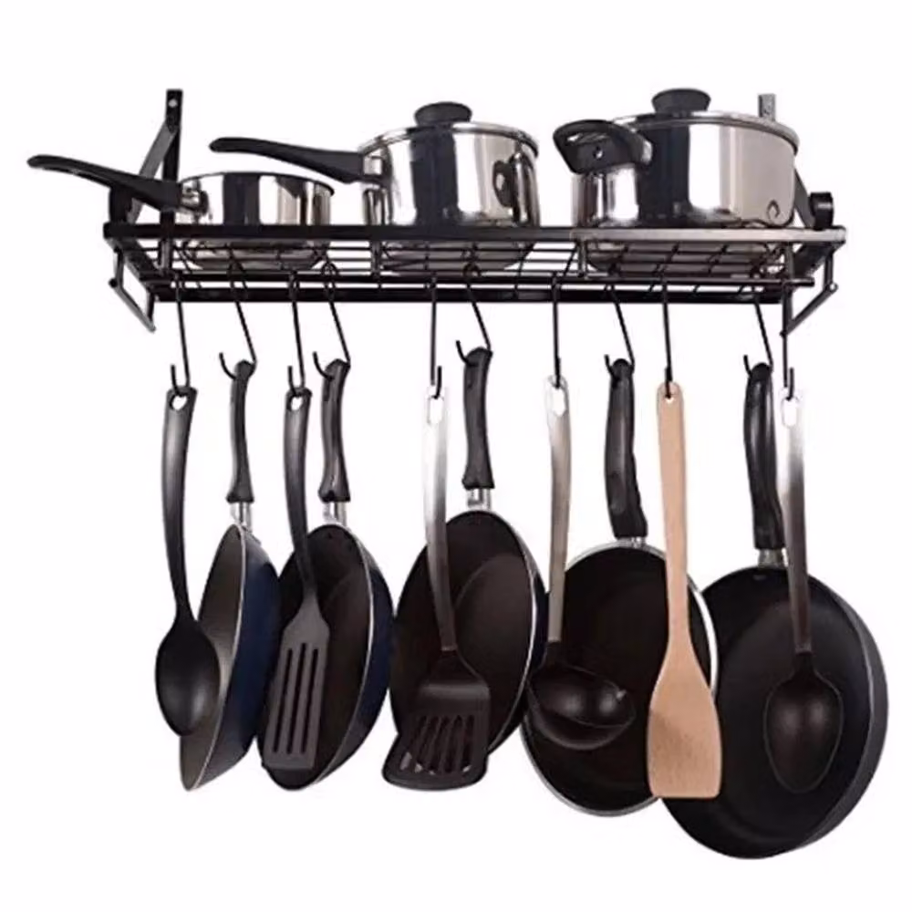 NESTLUNE Black Wall Mounted Kitchen Pot and Pan Hanging Rack Storage Shelf – 4