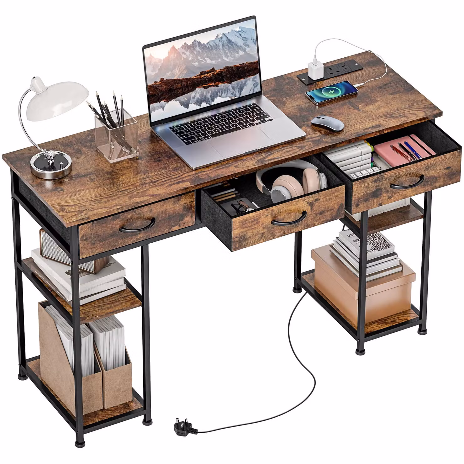HOMCOM Brown Computer Writing Desk with Power Outlets, Drawers and Shelves – 2