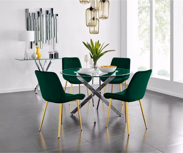 FurnitureboxUK Novara Round Glass Dining Table and Four Pesaro Gold Leg Chairs in Blue