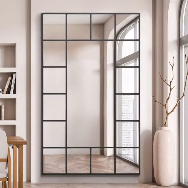 MirrorOutlet Modern Rectangular Metal Window Leaner Wall Mirror in Black, Height: 180 cm