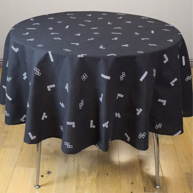 Tetris Monochrome Black Graphic Round Tablecloth, Diameter: 228.6 cm