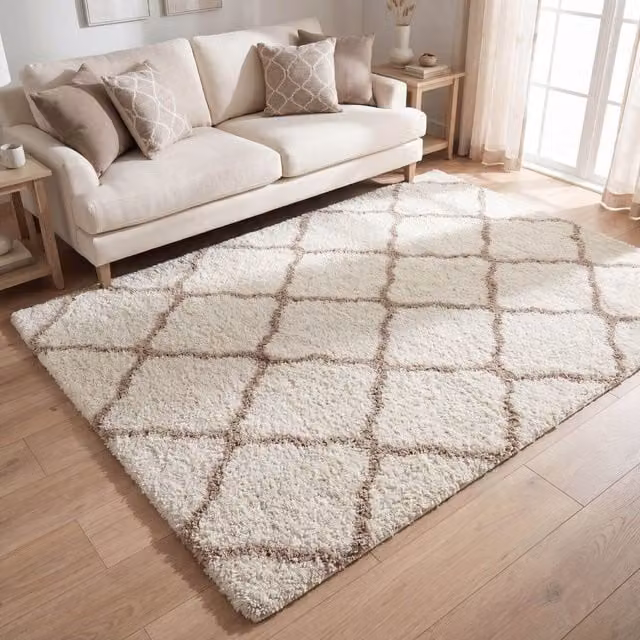 THE RUGS Moroccan Soft High Pile Shaggy Lattice Rug, Ivory, W: 200 cm, L: 290 cm – 1