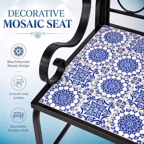 SHATCHI Porto 2 Seater Mosaic Garden Bench with Blue Ceramic Tile Seat and Lacquered Metal Frame, W: 112 cm, H: 96 cm, D: 47 cm – 3