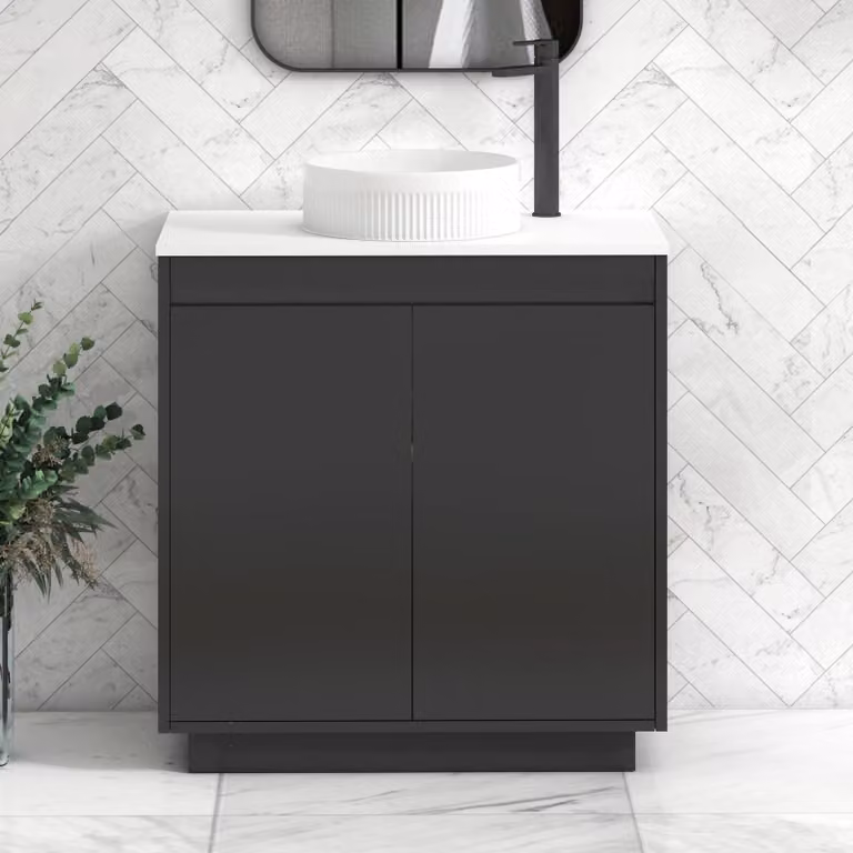 Royal Bathrooms Orion 800mm Matt Obsidian Black and Plain White Floor Standing 2 Door Vanity Unit with Round Basin and Black Accent Trim