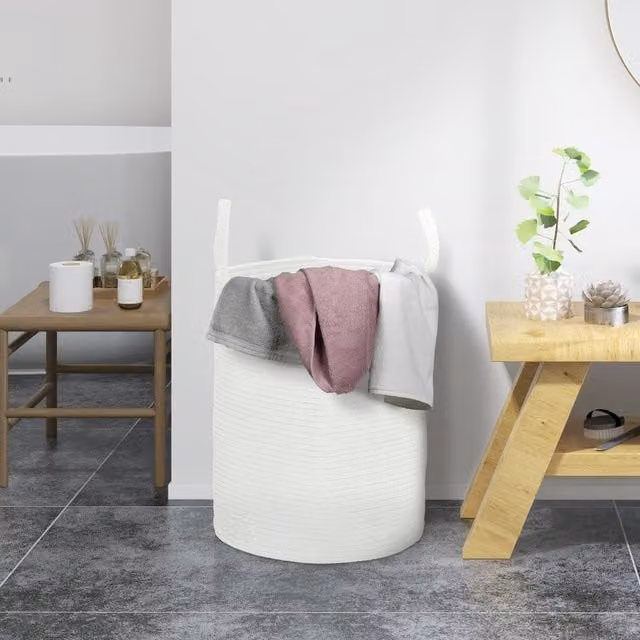 HOMCOM Collapsible Laundry Hamper with Handles in Beige and White, W: 38 cm, H: 88 cm