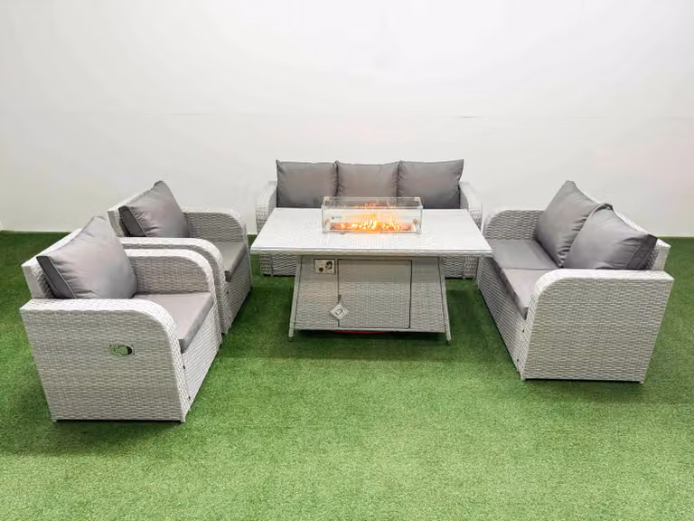 Fimous PE Rattan Garden Furniture Set in Light Grey with 2 Seater Sofa, Reclining Armchair, Firepit Dining Table and Upholstered Cushions