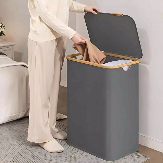 The Bazaarist 2 Compartment Collapsible Laundry Hamper with Lid in Dark Grey – 1