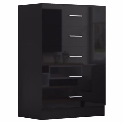 Reflect Modern Bedroom Furniture Set in Black Gloss and Black Oak Finish featuring 2 Door Mirror Wardrobe, 5 Drawer Tallboy Chest and 2x 2 Drawer Bedside Tables – 4