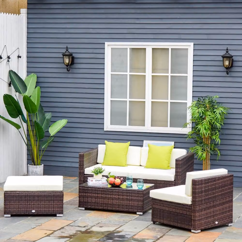 ERGOVEXA 4-Seater L-Shape Rattan Garden Sofa Set with Coffee Table and Ottoman, Brown – 4