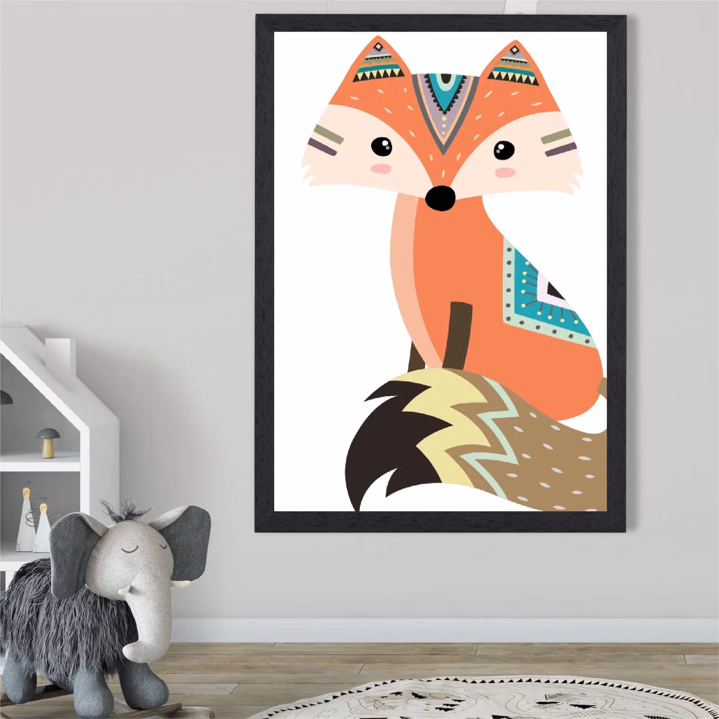 ARTZE Sitting Orange Fox Tribal Animal Framed Print in Black Frame, A3 – 2