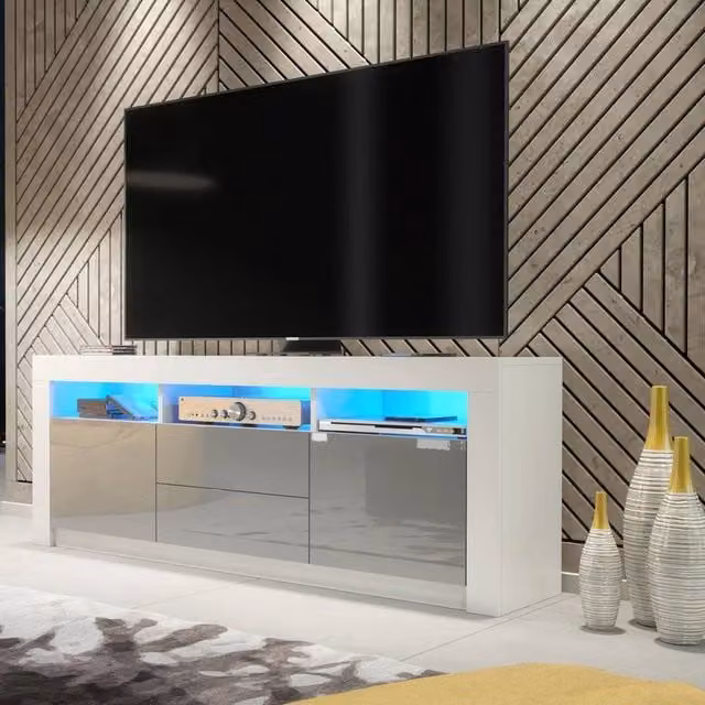 PAWNORA Modern TV Unit with White Matt Body and Grey High Gloss Fronts