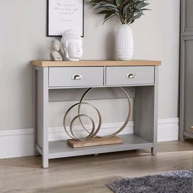 Home Source Grey Console Table with Oak Top and 2 Drawers for Hallway Storage – 1