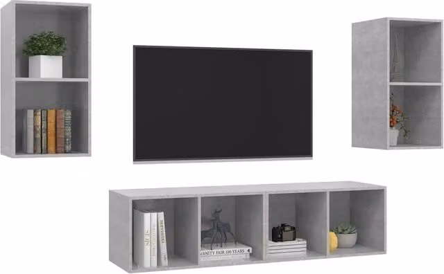 Berkfield Home Set of 4 Modern Wall-Mounted TV Cabinets in Concrete Grey MDF – 1