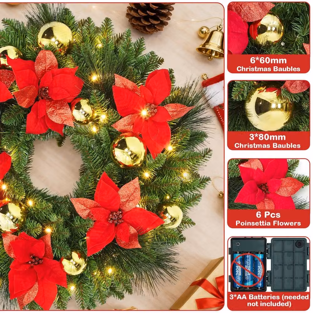London Boutique Pre-Lit Christmas Wreath with LED Lights in Green, Diameter: 60.96 cm – 5