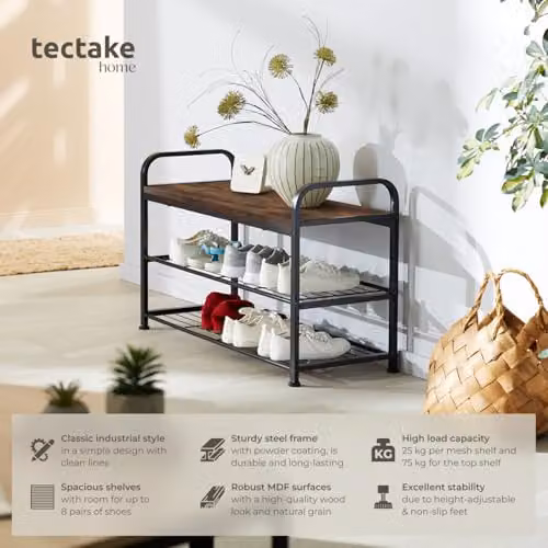 tectake 3-Tier Industrial Shoe Rack with Metal Frame and MDF Shelves, Black and Brown, W/D/H: 91 x 36 x 55 cm – 2