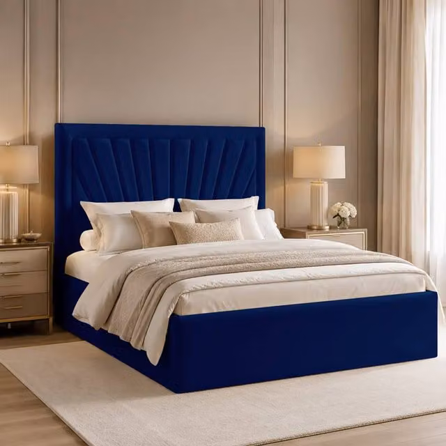 Desire Deco Ariana Blue Plush Velvet Upholstered Ottoman Storage Bed Frame, W/D/H: 180 x 200 cm