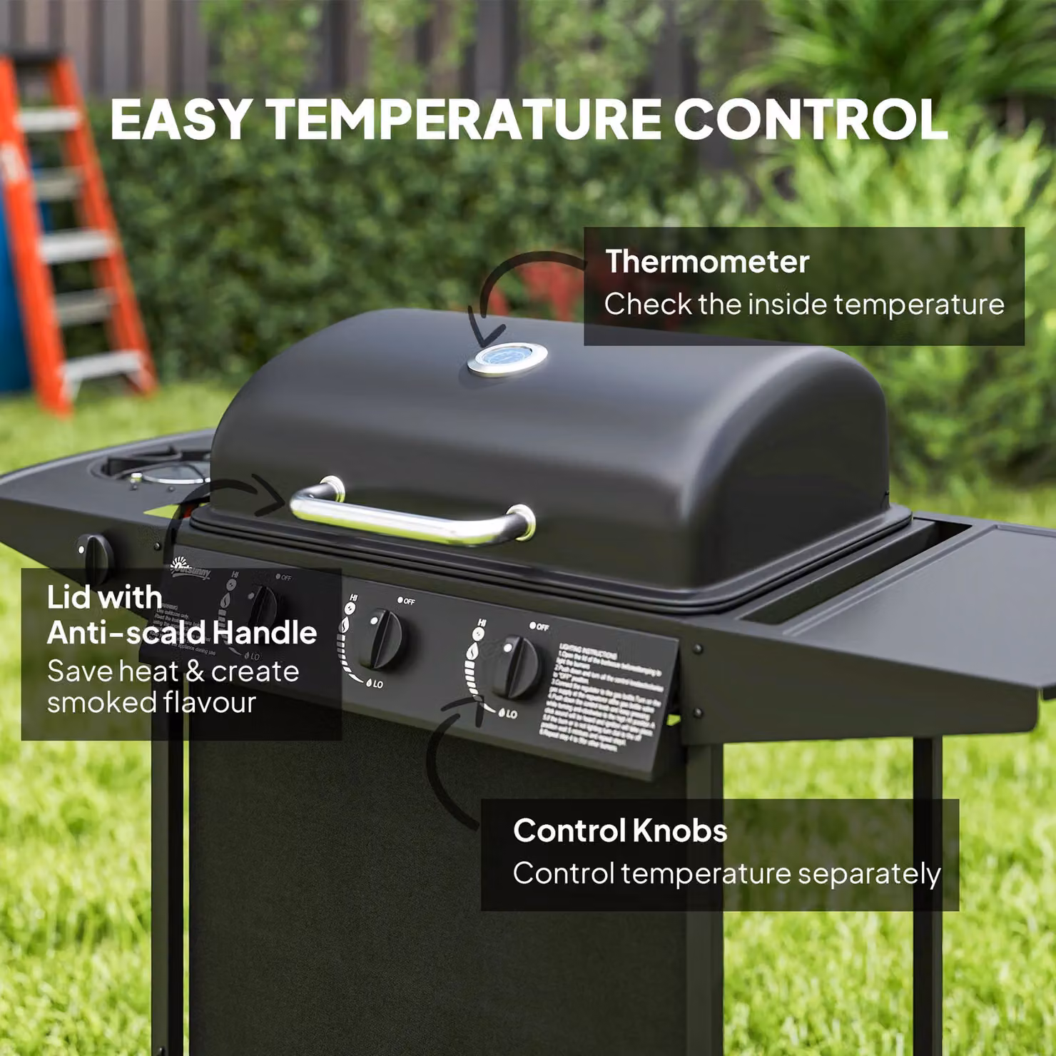 OUTSUNNY 4 Burner Portable Gas Barbecue Grill with Lid, Side Burner, Warming Rack and Thermometer, Black – 5