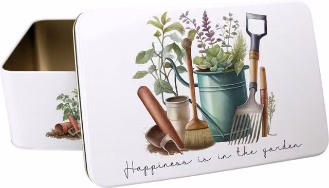 Purely Home Happiness is in the Garden Metal Storage Tin, Multicoloured and White