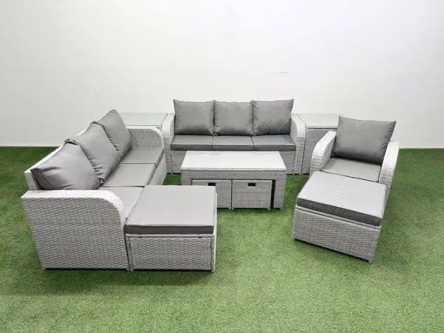 Fimous PE Rattan 3 Seater Outdoor Sofa Set with Reclining Lounge Armchairs, Ottoman and Coffee Table in Light Grey