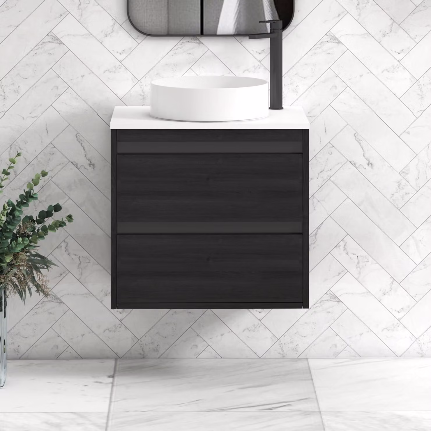 Royal Bathrooms Orion 600mm Hale Black Wall Hung Vanity Unit with 2 Drawers and Plain White Undrilled Worktop