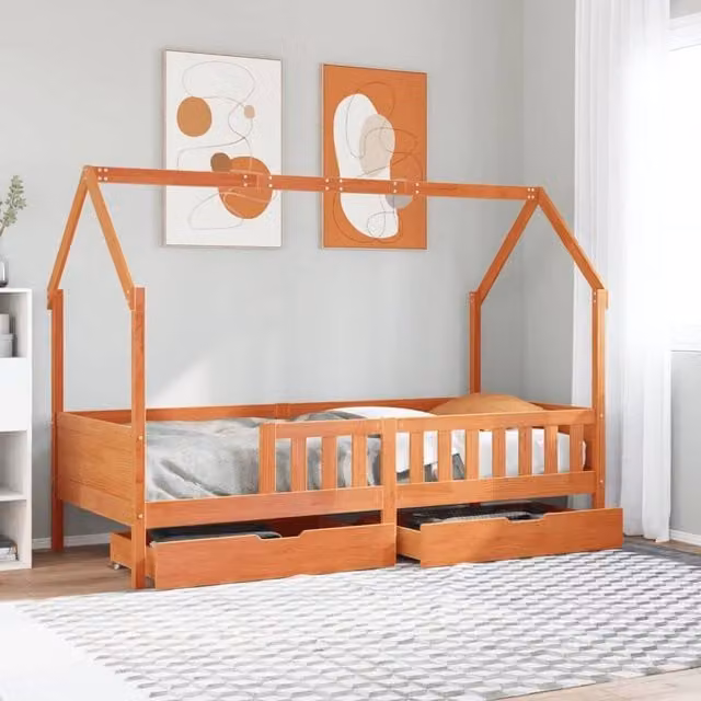 Berkfield Home Kids Bed Frame with Drawers in Brown Solid Pine Wood, W/D/H: 80 x 200 cm