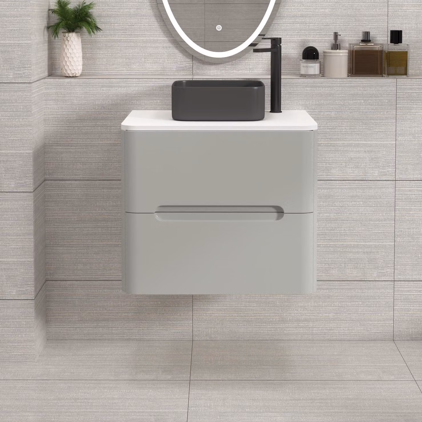 Royal Bathrooms Venice 600mm Wall Hung Vanity Unit in Dove Grey with 2 Drawers, Plain White Worktop and Art Square Basin