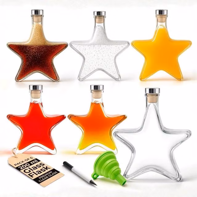 Volila Star Glass Flask Bottles with Corks, Labels and Funnel for DIY, Clear, 200ml, 6 Pack