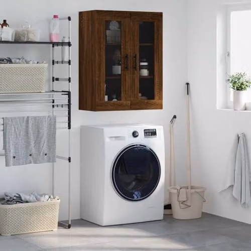 vidaXL Wall Mounted Cabinet in Brown Oak with Glass Doors, W/D/H: 69.5 x 34 x 90 cm – 2