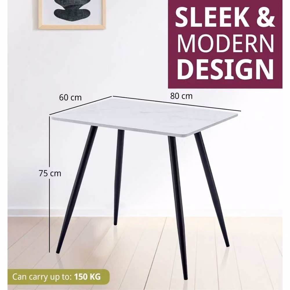 FORGEVIO Modern Square Small Dining Table with White Marble Effect MDF Top and Black Metal Legs – 3