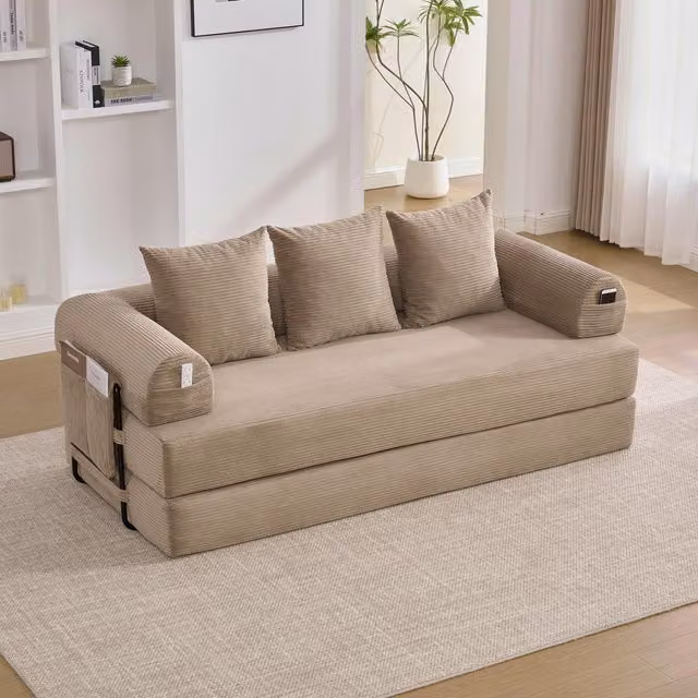 Aosom UK Cozy Compressible Folding Sofa with Detachable Metal Frame, Modular Sectional Couch, Beige, W: 110 cm, D: 33 cm, H: 33 cm