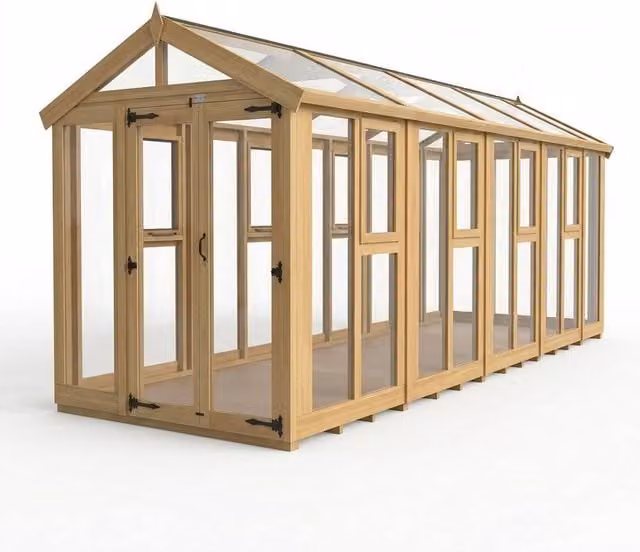 Buttercup Farm Apex Glass Greenhouse in Natural Pressure Treated Timber, W: 548.62 cm, D: 183 cm, H: 210 cm