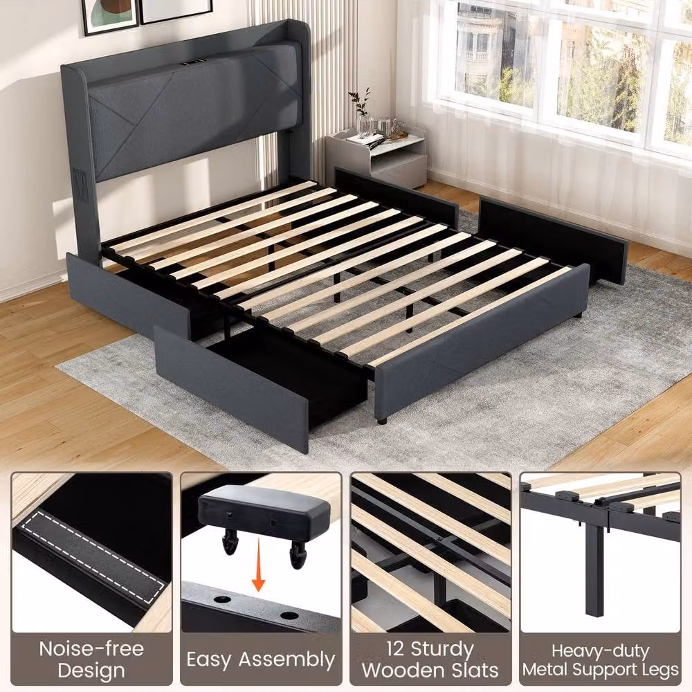 Gymax Upholstered King Size Bed Frame in Grey with LED Lights, USB Charging Port and Storage Drawers, W/D/H: 180 x 200 x 193 cm – 5